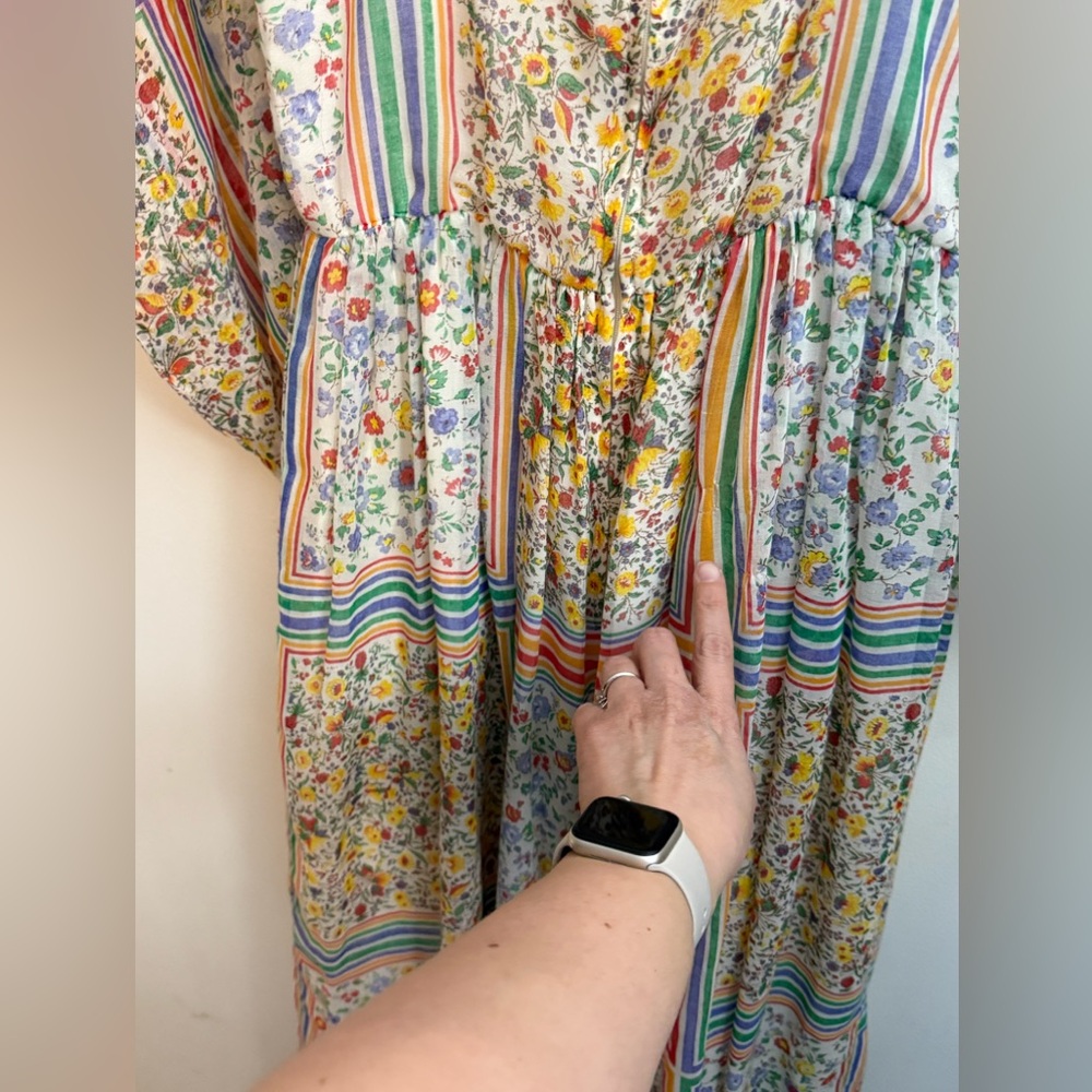 VINTAGE!-{Rainbow of California}-Size: S-Floral Multicolor Dress with Red Belt - Picture 3 of 9